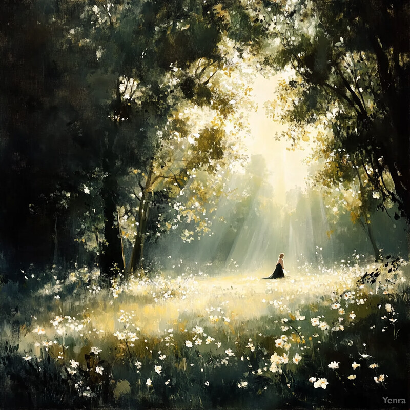 A serene forest clearing with a woman sitting in meditation surrounded by lush greenery