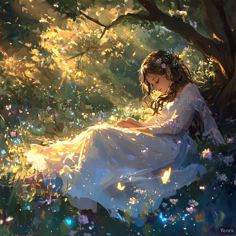 A serene image of a woman sitting in a meadow surrounded by flowers and trees.