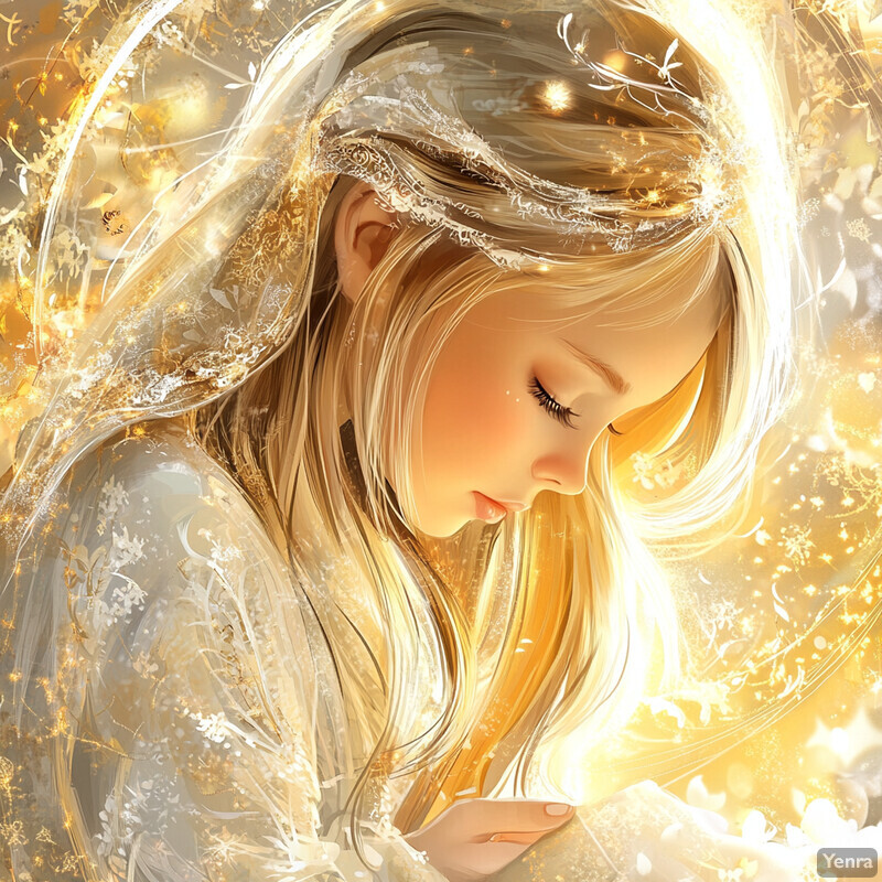 An angel-like figure with long blonde hair and a flowing white dress, surrounded by soft golden light and holding a glowing orb.