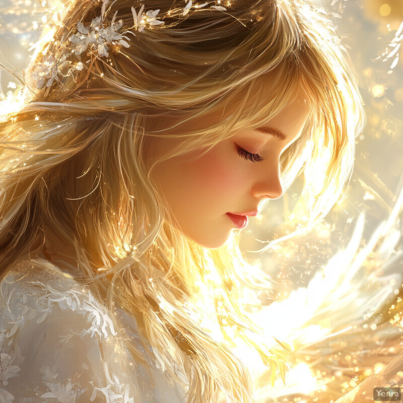 A serene depiction of a woman with long blonde hair adorned with flowers in her locks