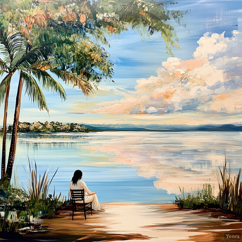 A woman sits by the water's edge, gazing out at a tranquil landscape.