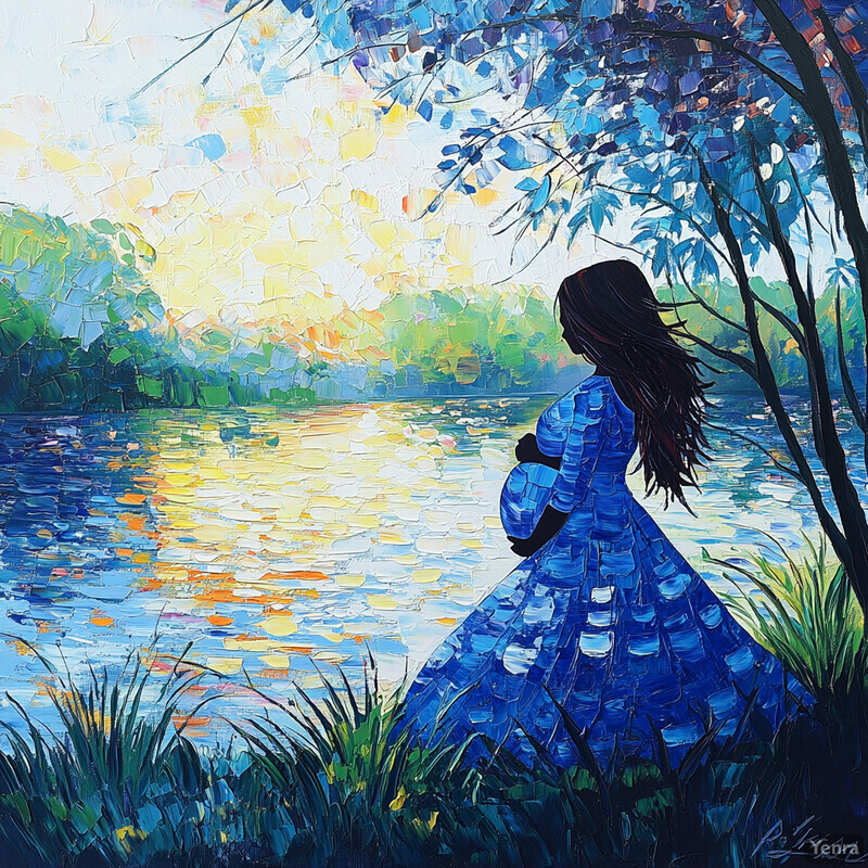 A serene scene of a pregnant woman standing by a body of water, surrounded by lush greenery and vibrant flowers.