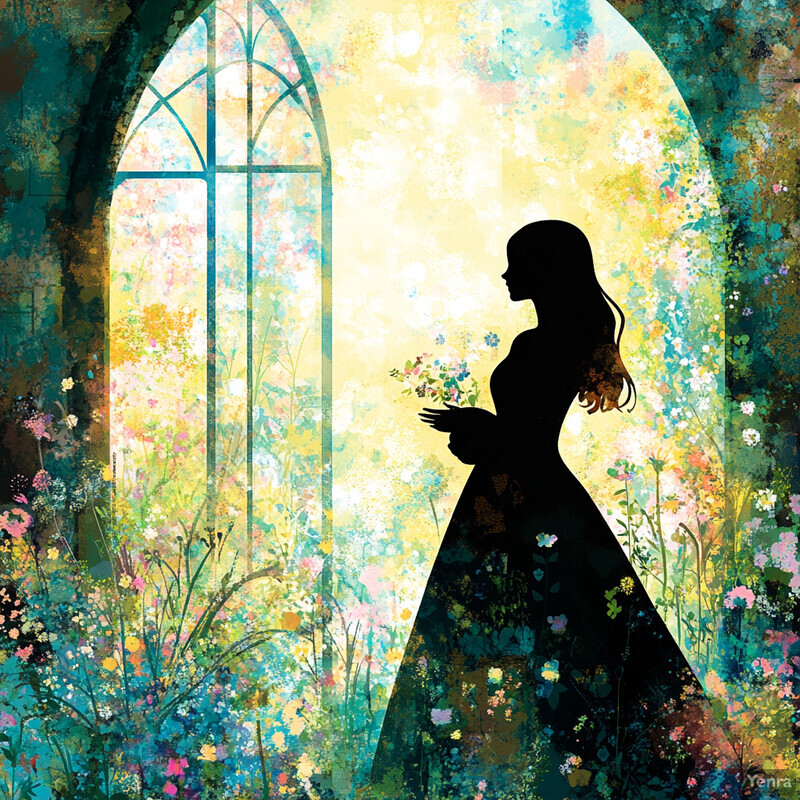 A serene and idyllic scene of a woman standing in front of an arched window, surrounded by lush greenery and vibrant flowers.