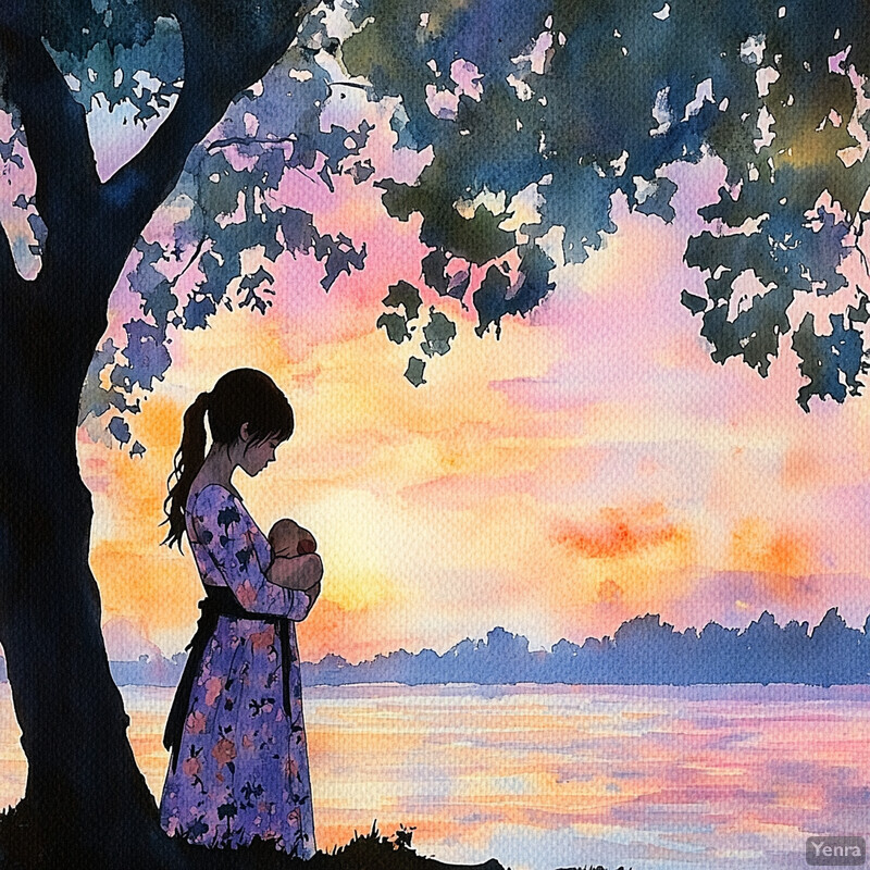 A serene scene of a woman cradling a baby while standing beside a tree at sunrise.