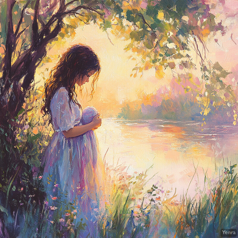 A serene and peaceful scene of a woman standing by a riverbank, surrounded by lush greenery and vibrant flowers.