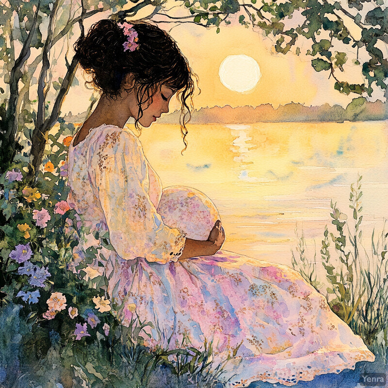 A serene and peaceful image of a woman sitting by the water's edge during sunset.