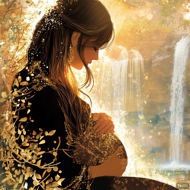 A serene image of a pregnant woman in front of a stunning waterfall.