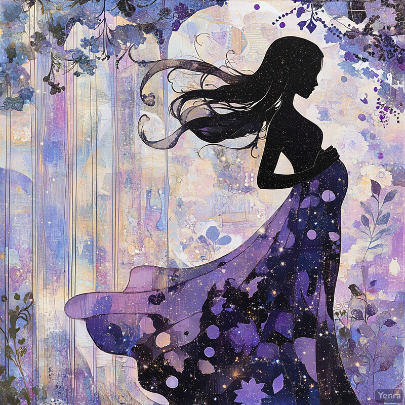 A dreamy and captivating scene featuring a woman with flowing hair and celestial-patterned dress.