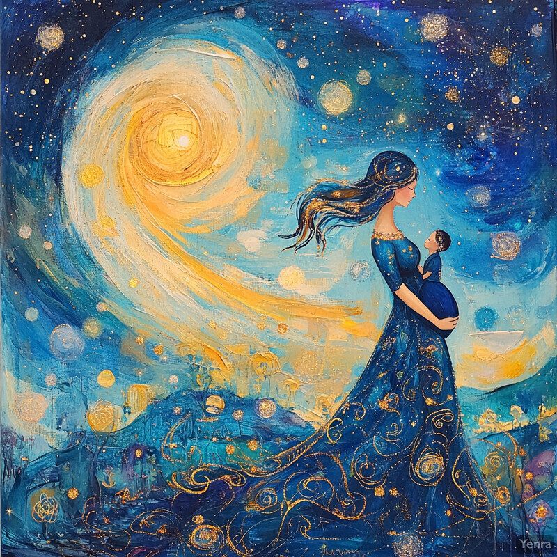 A serene and dreamy scene of a woman cradling a baby in her arms, set against a backdrop of swirling clouds and stars.