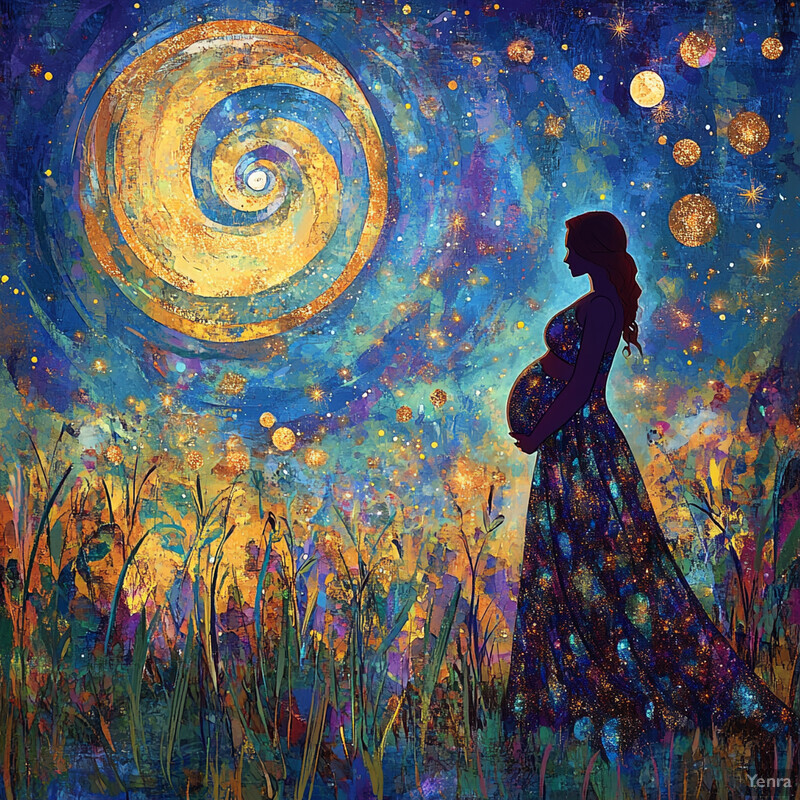 A serene and dreamy scene of a pregnant woman standing in a field of wildflowers, surrounded by a swirling vortex of light.