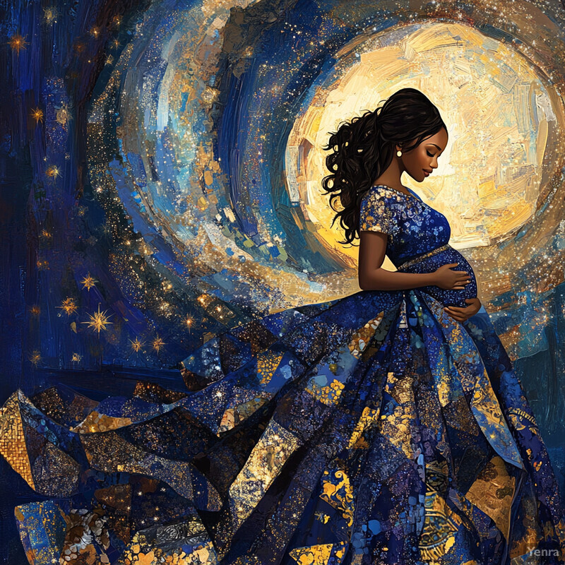 A serene image of a pregnant woman standing against a vibrant background, holding her belly while wearing an elegant blue dress with gold accents.