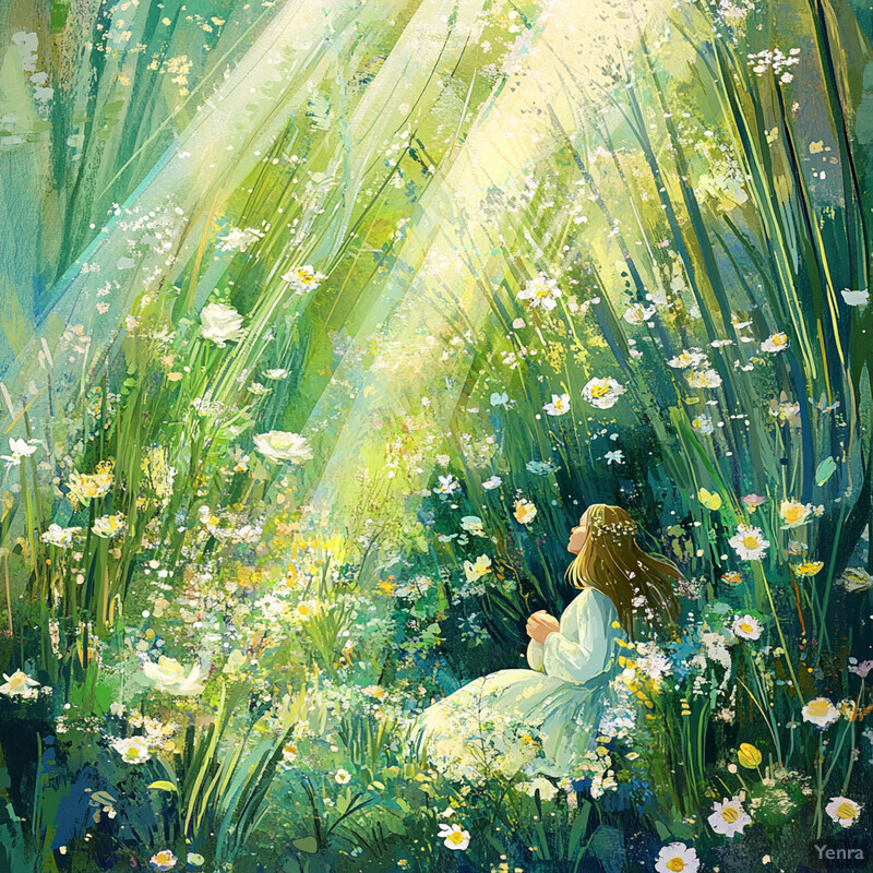 A serene and enchanting scene of a woman sitting in a sunlit meadow