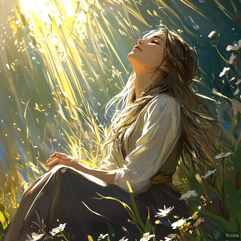 A woman sits peacefully in a sunlit meadow surrounded by lush green grass and vibrant wildflowers.