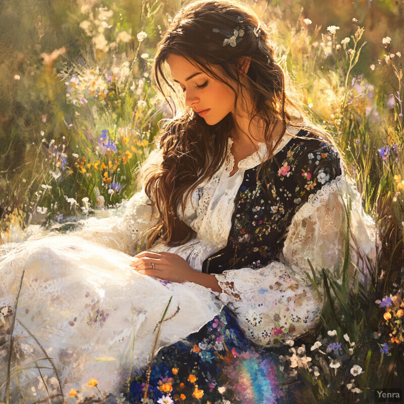 A serene scene of a woman sitting in a sunlit meadow surrounded by wildflowers