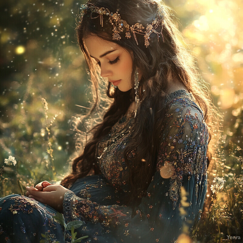 A serene and mystical scene of a woman sitting in a sunlit meadow