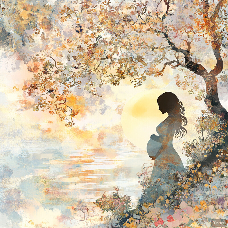 A serene and peaceful scene featuring a pregnant woman standing in front of a tree with branches adorned with leaves.