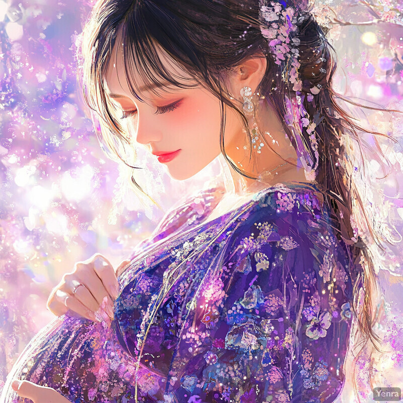 A serene and dreamy scene of a woman with long hair adorned with flowers, set against a vibrant color palette and soft lighting.