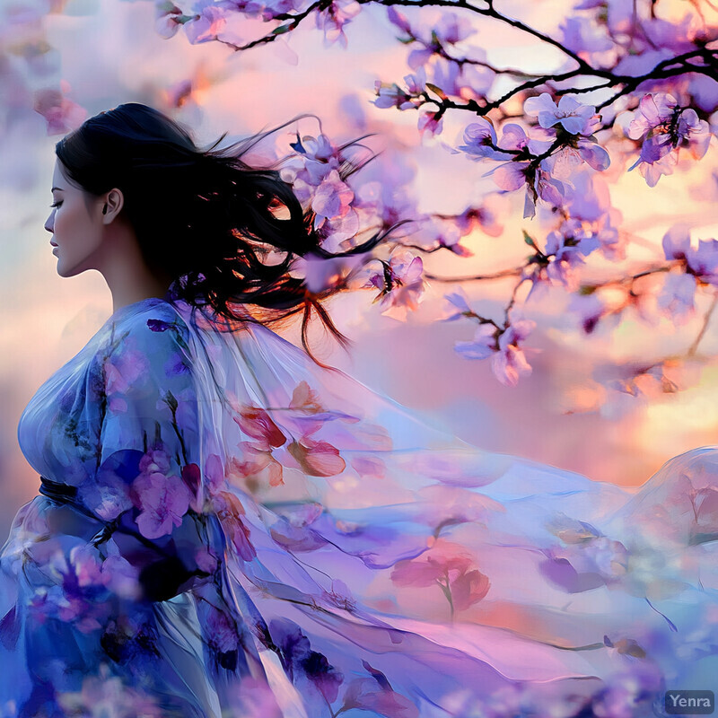 A serene and dreamy scene of a woman standing in front of a tree with pink flowers.