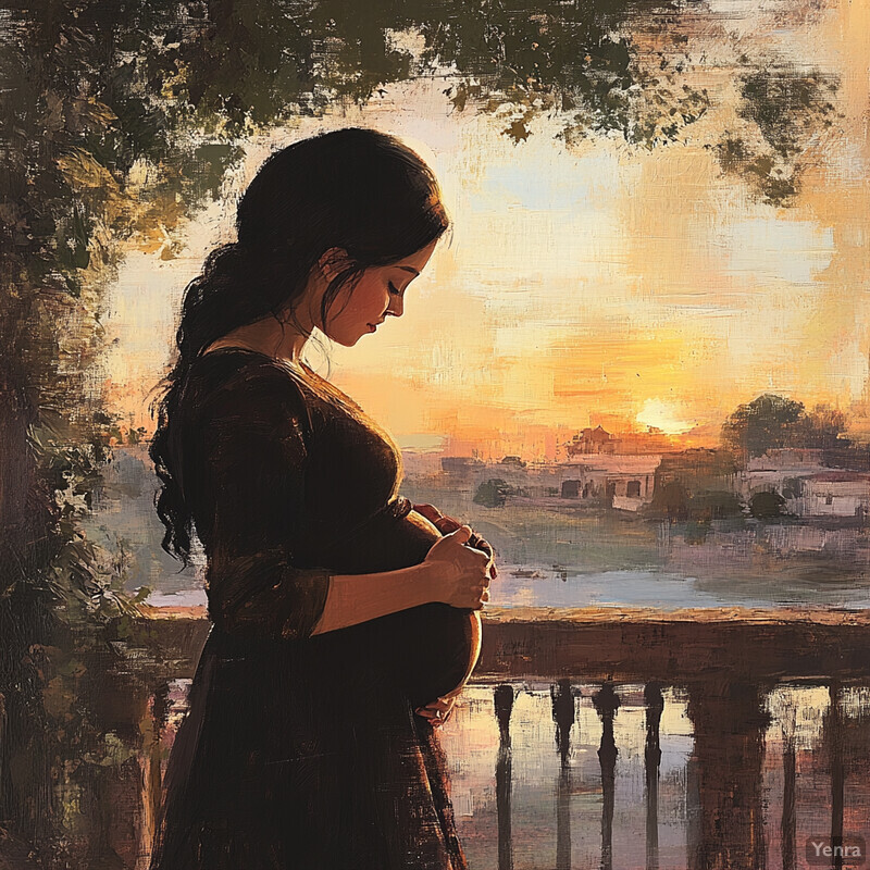 A pregnant woman stands on a deck overlooking a body of water at sunset, exuding calmness and serenity.