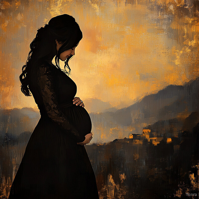 A serene painting featuring a pregnant woman gazing down at her belly, set against a warm and comforting background with a distant village or town nestled among hills and mountains.