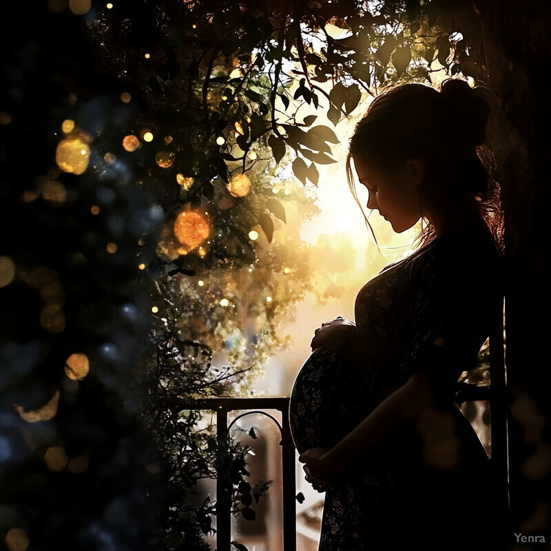 A serene moment of a pregnant woman standing in front of a balcony or porch, surrounded by lush greenery