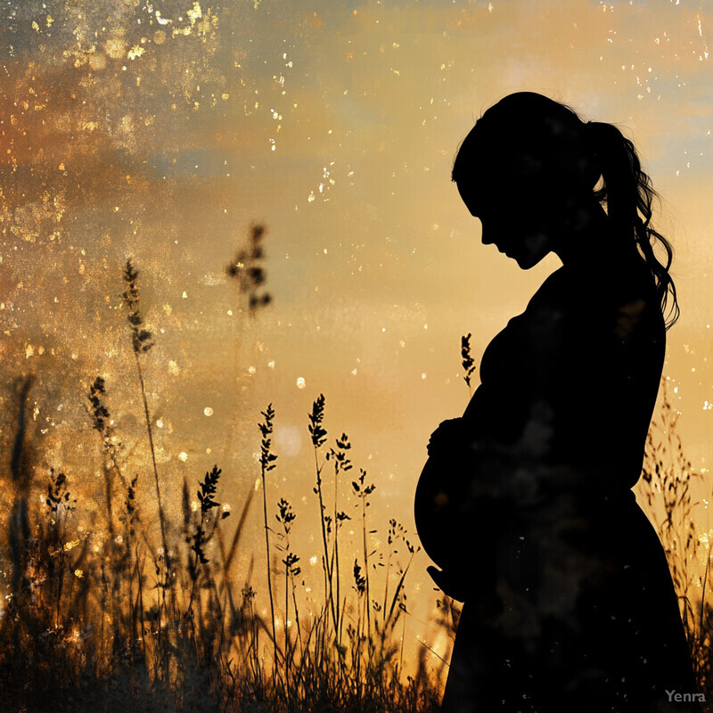 A pregnant woman stands in a field of tall grass at sunset, surrounded by a warm blend of yellow, orange, and pink hues.