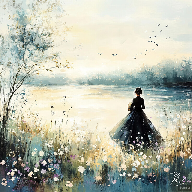 A serene and idyllic scene of a woman standing by a body of water, surrounded by lush greenery and vibrant flowers