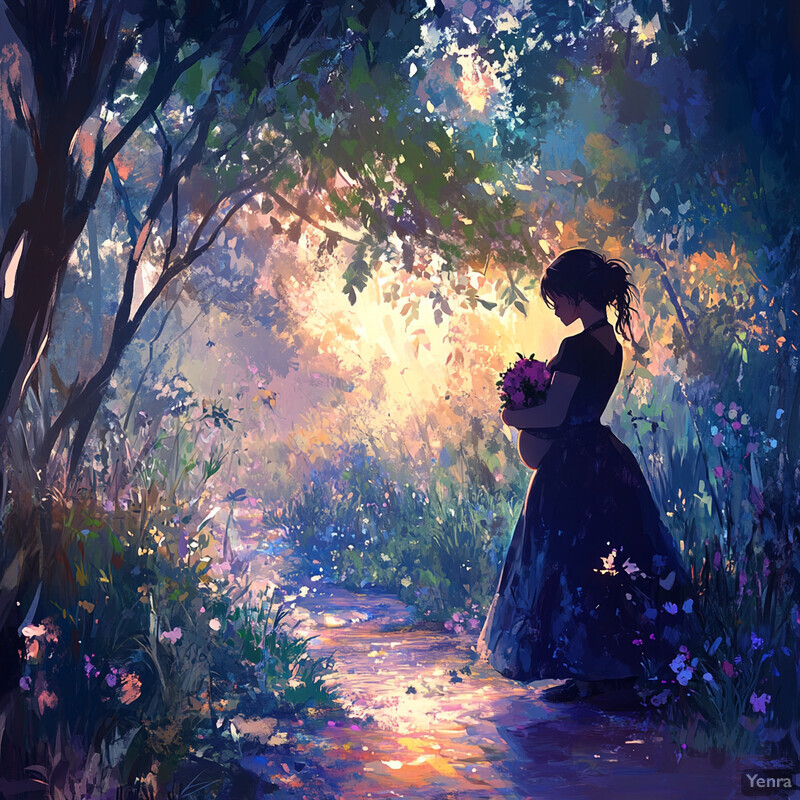 A serene forest clearing scene featuring a woman in white gazing at flower petals