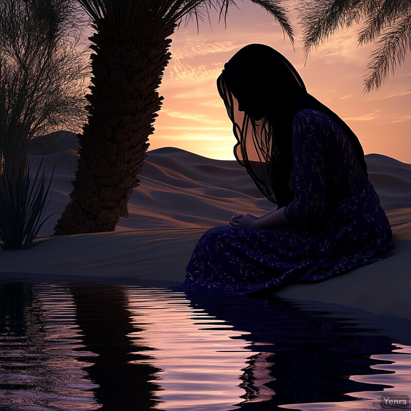 A woman sits in front of a palm tree at sunset in a desert landscape, surrounded by trees and dunes.