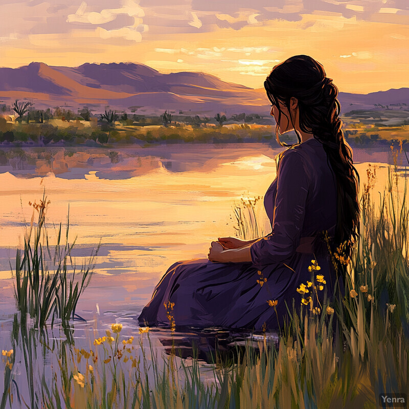 A woman sits by the water's edge at sunset, surrounded by tall grasses and wildflowers.