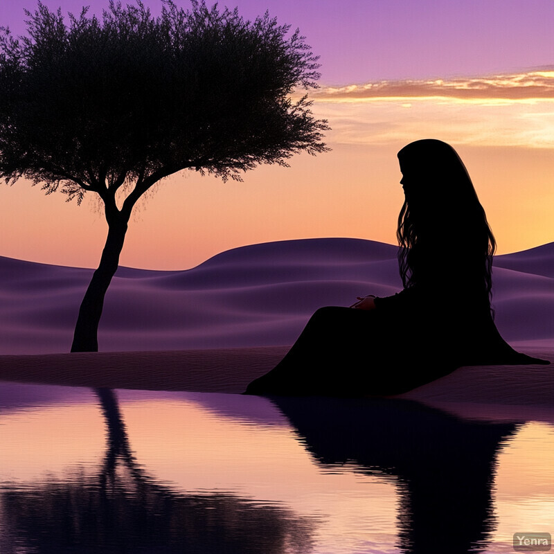 A serene illustration of a woman sitting on sand dunes at sunset or sunrise.