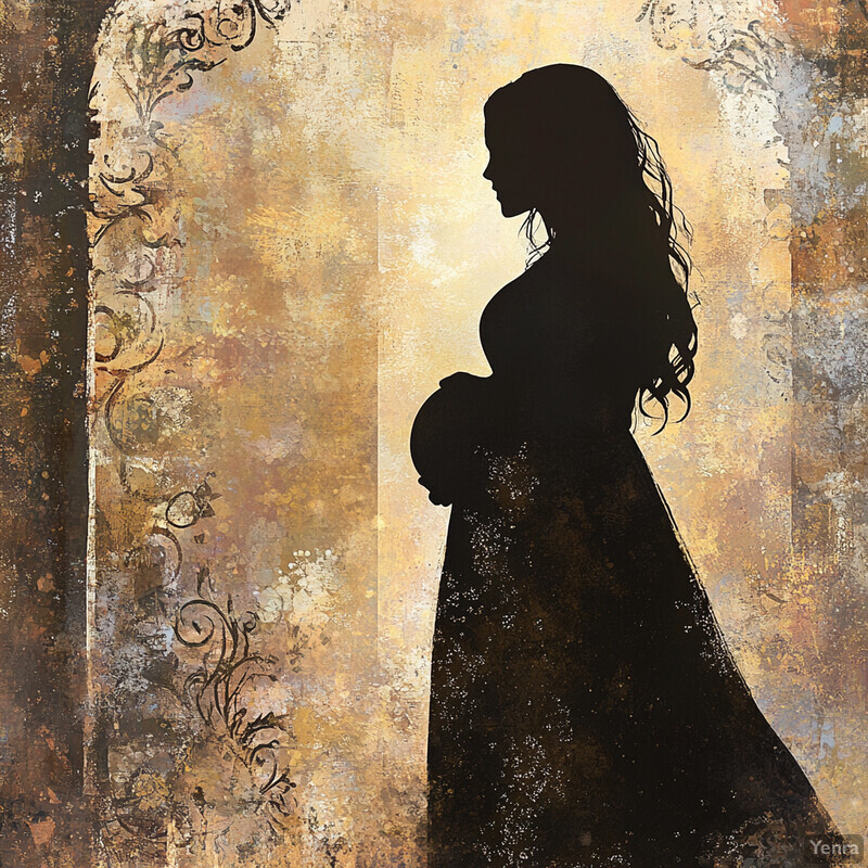 Silhouette of a pregnant woman standing in front of an ornate wall or doorframe.