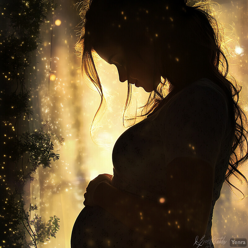 A pregnant woman stands by a window, gazing out at trees and sky.