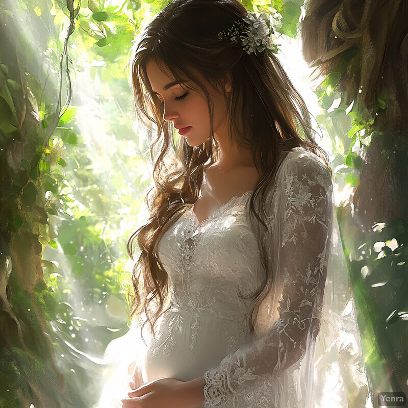 A serene and idyllic scene of a woman in a white dress standing amidst lush greenery