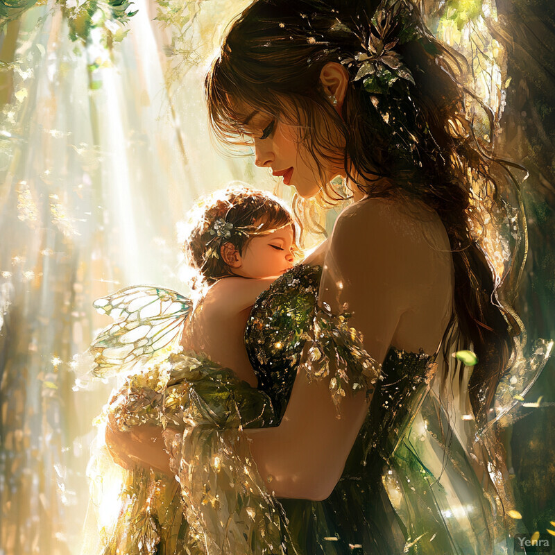 A serene and idyllic scene of a woman cradling a baby in her arms, surrounded by lush greenery.