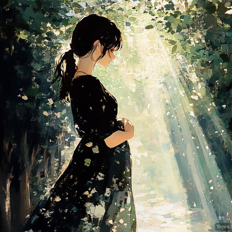 An anime-style illustration of a young woman standing in a forest, surrounded by lush greenery and vibrant flowers.