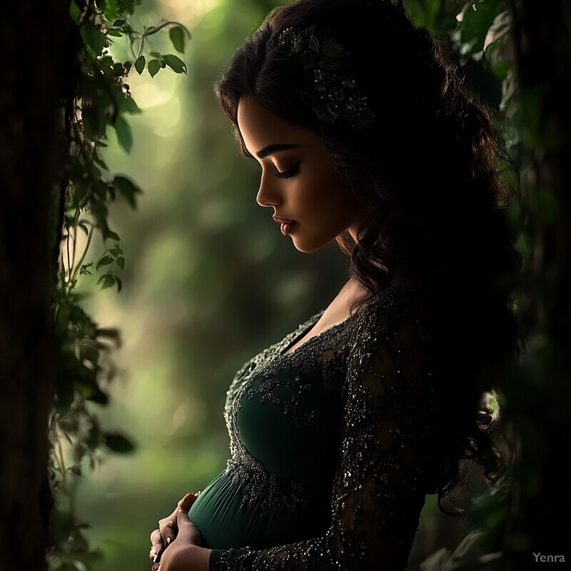 A serene and intimate moment captured of a pregnant woman surrounded by nature.