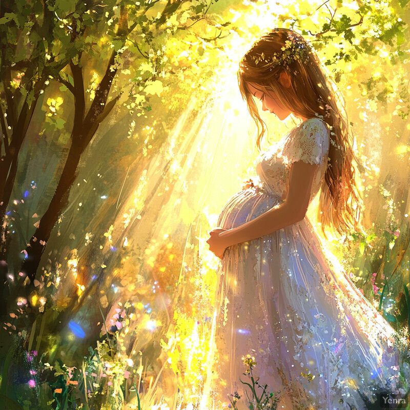 A serene and idyllic scene of a pregnant woman standing in a lush forest, surrounded by vibrant greenery and colorful flowers