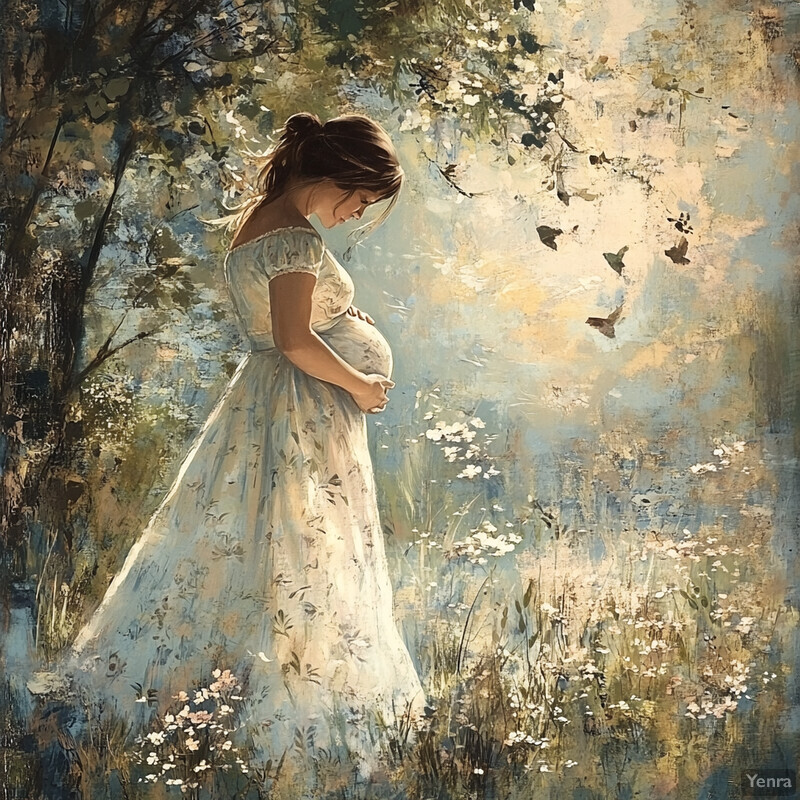 A pregnant woman stands in a field of wildflowers, surrounded by trees and birds flying overhead.