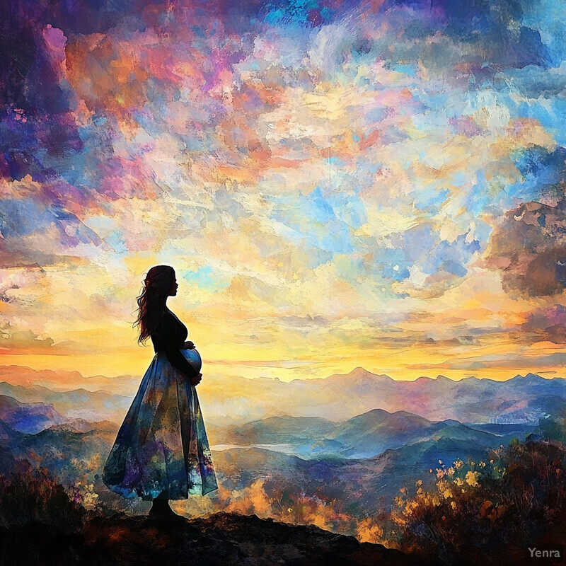 A serene landscape featuring a pregnant woman standing on a hill overlooking mountains in the distance.