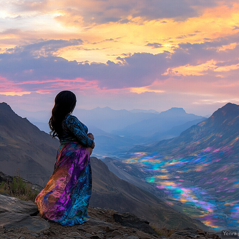 A woman stands on a rocky outcropping overlooking a vast mountain range at sunset.