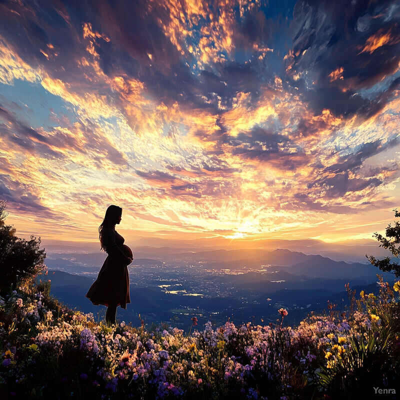 A pregnant woman stands in a field of wildflowers, gazing out at a breathtaking sunset.