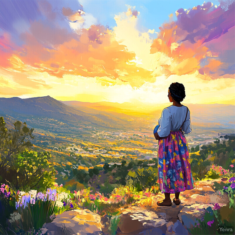 A woman stands on a rocky outcropping, gazing out at a breathtaking vista.