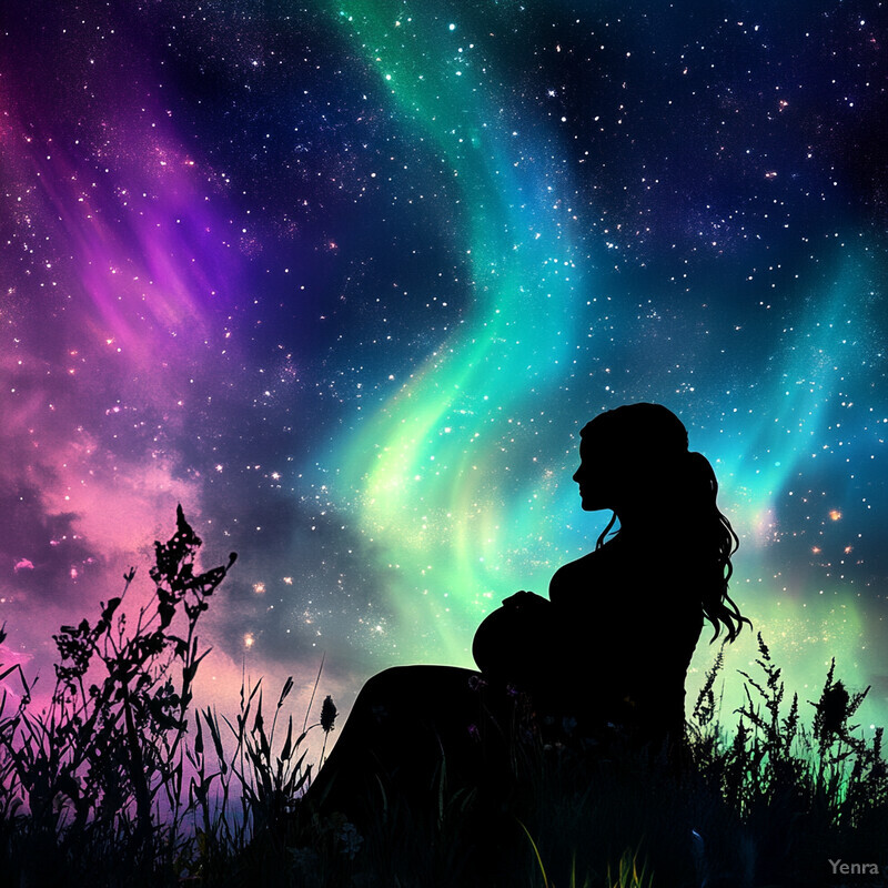 A woman sits in a field under a starry night sky with vibrant aurora lights