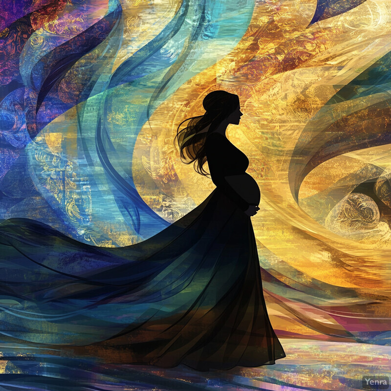 A pregnant woman stands in front of an aurora borealis, surrounded by vibrant colors.