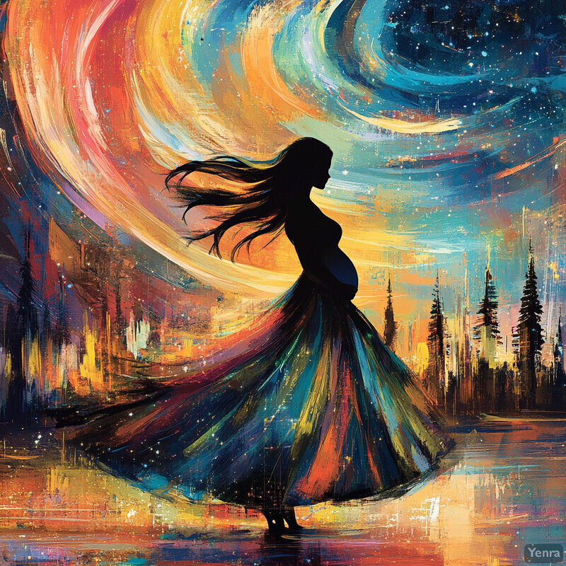 A woman stands in front of a swirling vortex of color, her long hair and flowing dress catching the light and shimmering with a rainbow of colors.