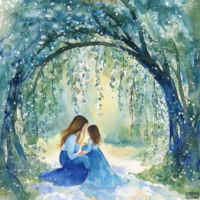 Two women sitting under a willow tree