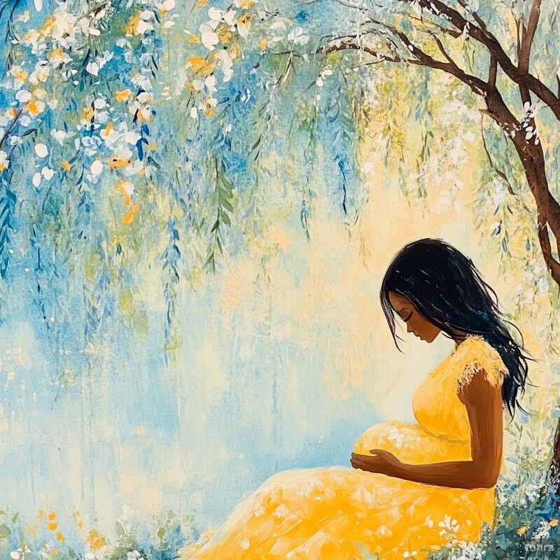 A serene oil painting of a pregnant woman sitting under a willow tree