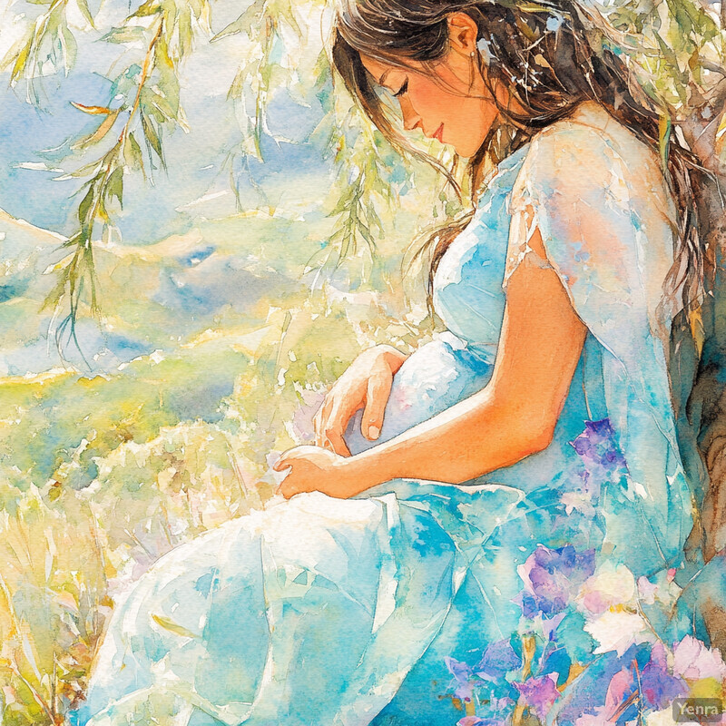 A serene watercolor painting of a woman sitting on a tree branch in a lush green environment