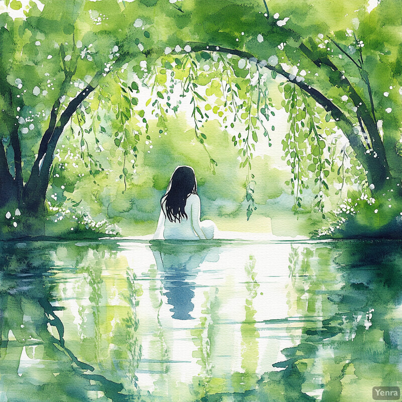 A serene and idyllic scene of a woman sitting in a pond or lake surrounded by lush greenery and trees.